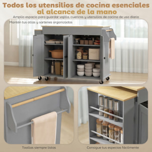 Isla de Cocina con Ruedas, Encimera Extensible, Carro de Cocina con 4 Puertas, Estantes Ajustables, Estantería Lateral Abierta, Especiero y Soporte para Toallas, para Comedor, Gris