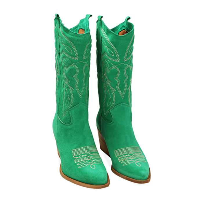 Botas de ante tejano verde, tacón de 7 cm