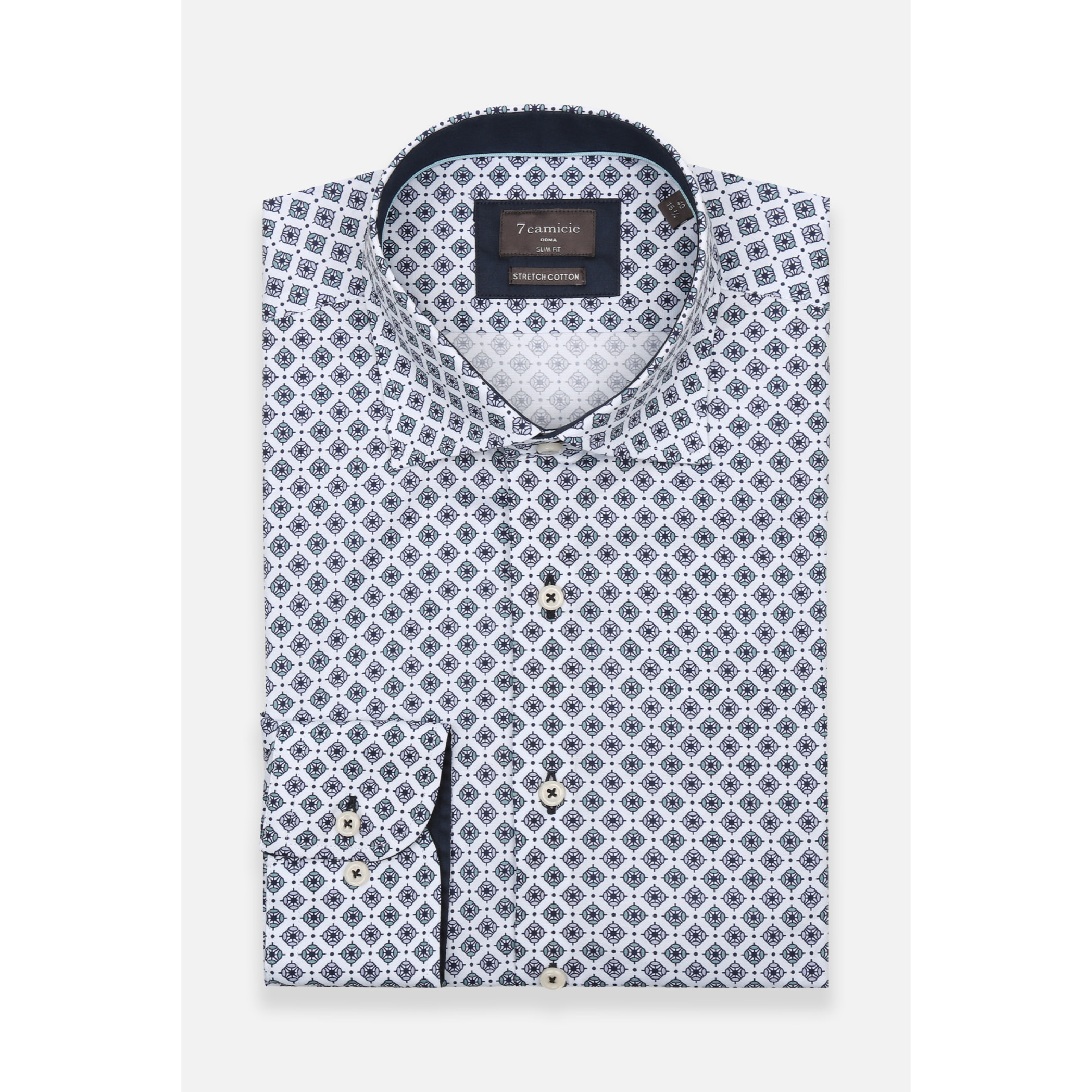Camicia Uomo 1 Bottone Francese Slim Popeline Stretch Stampato Bianco/Celeste
