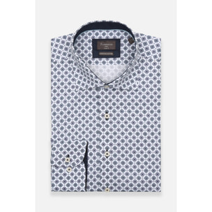 Camicia Uomo 1 Bottone Francese Slim Popeline Stretch Stampato Bianco/Celeste
