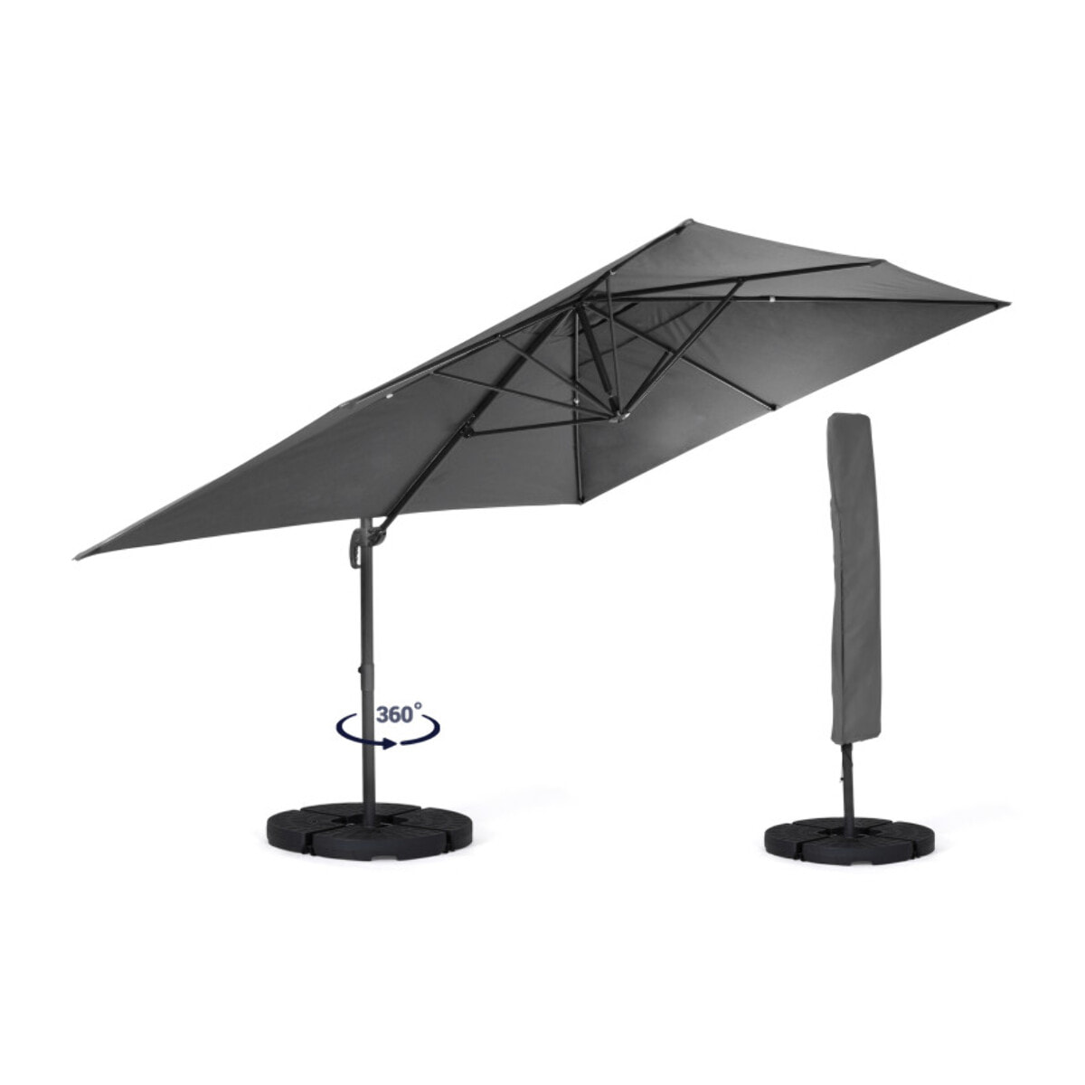 Parasol Sombra 360° rectangle gris 4x3m avec housse et dalles