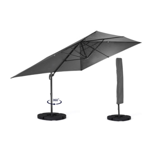 Parasol Sombra 360° rectangle gris 4x3m avec housse et dalles