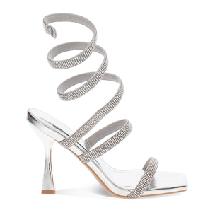 Sandali donna argento in laminato con pietre, tacco 9,5 cm