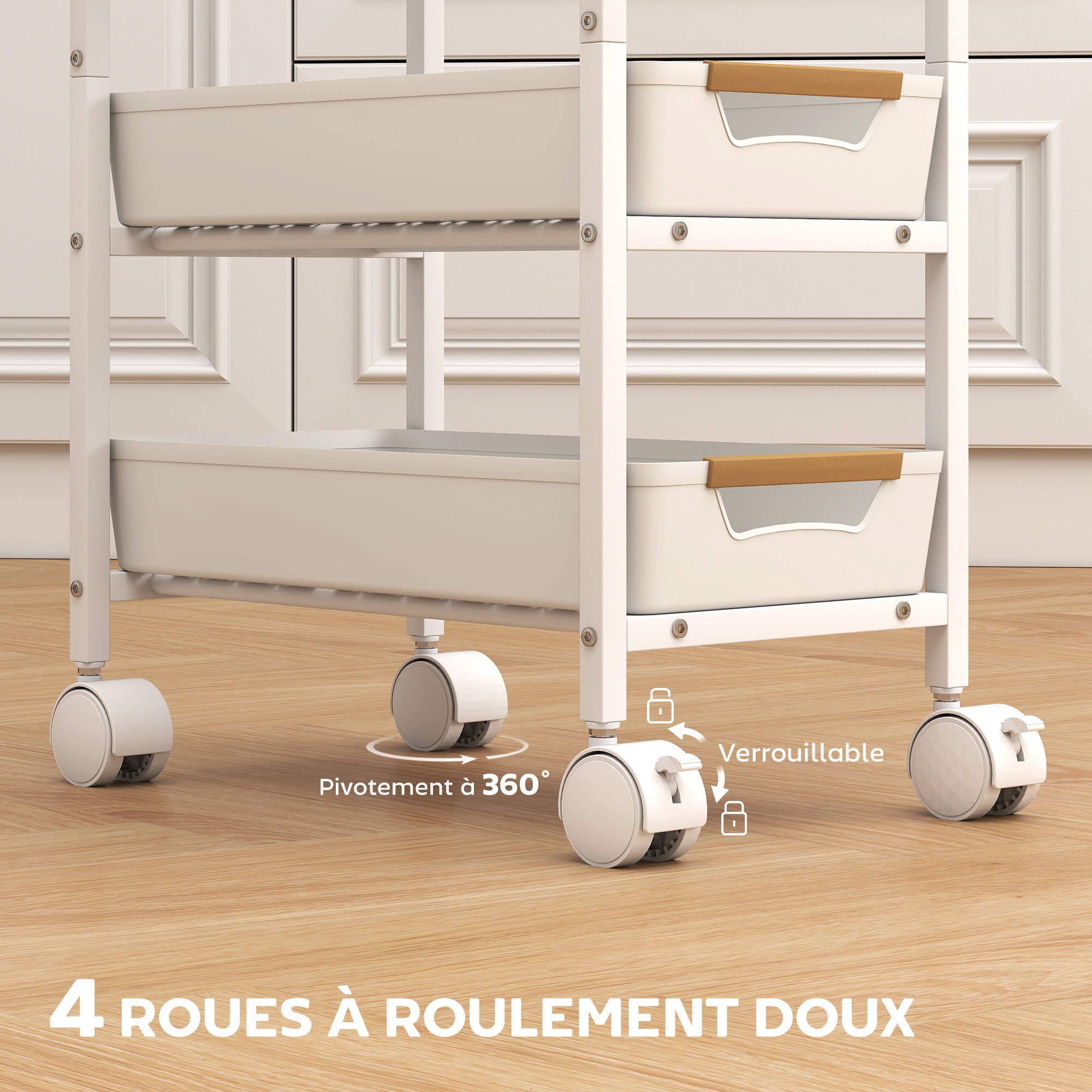 Desserte cuisine 5 niveaux 4 tiroirs coulissants métal PP blanc effet bois clair