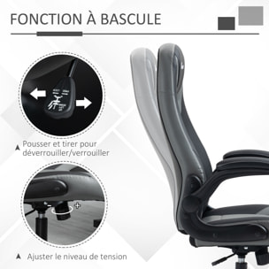 Fauteuil gaming base ronde métal pivotante 360° hauteur réglable fonction dossier bascule accoudoirs relevables PU gris noir