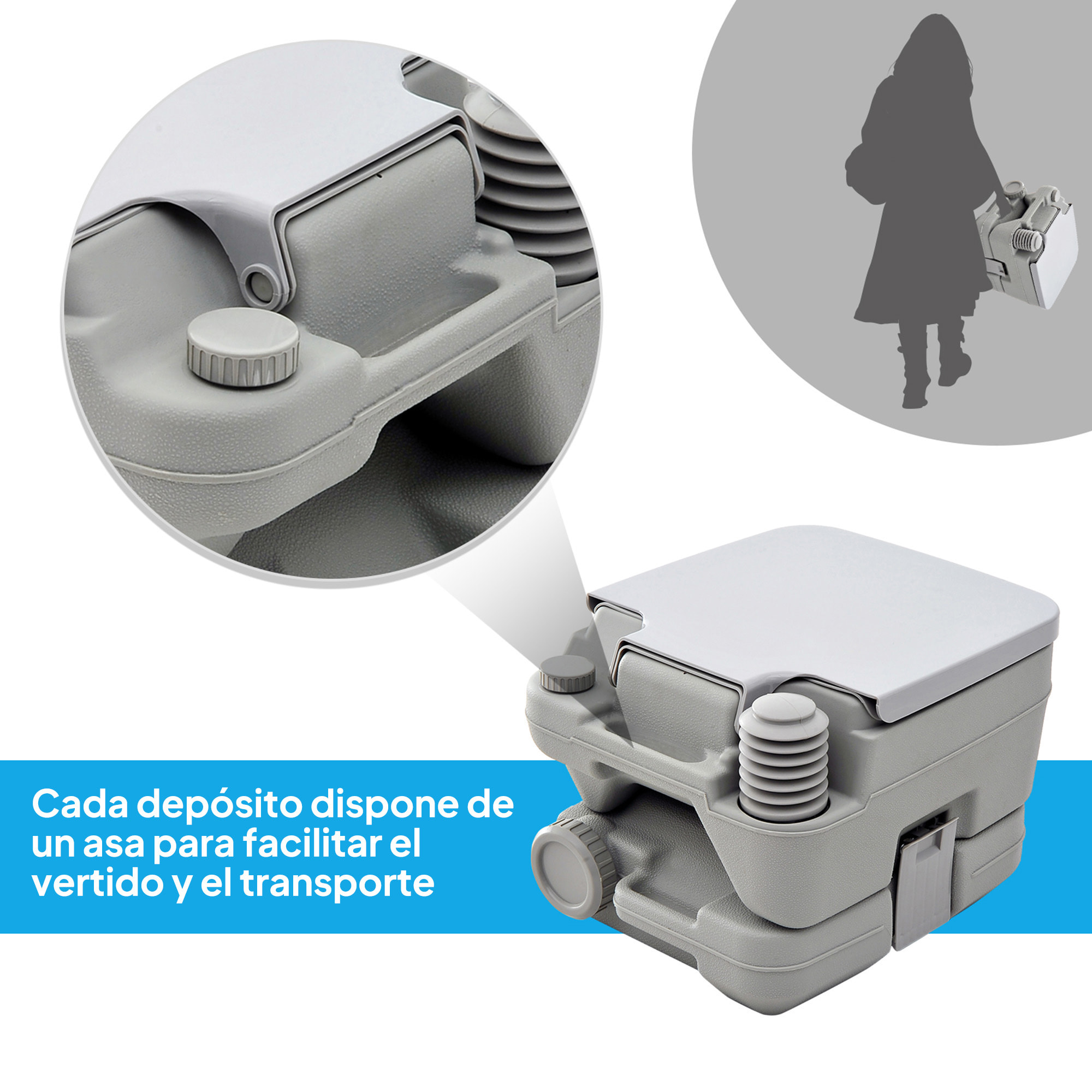 Inodoro Portátil WC Portátil con 2 Tanques de 10L Carga 200 kg Inodoro para Exterior Camping Acampar Senderismo 36x42x30 cm Gris