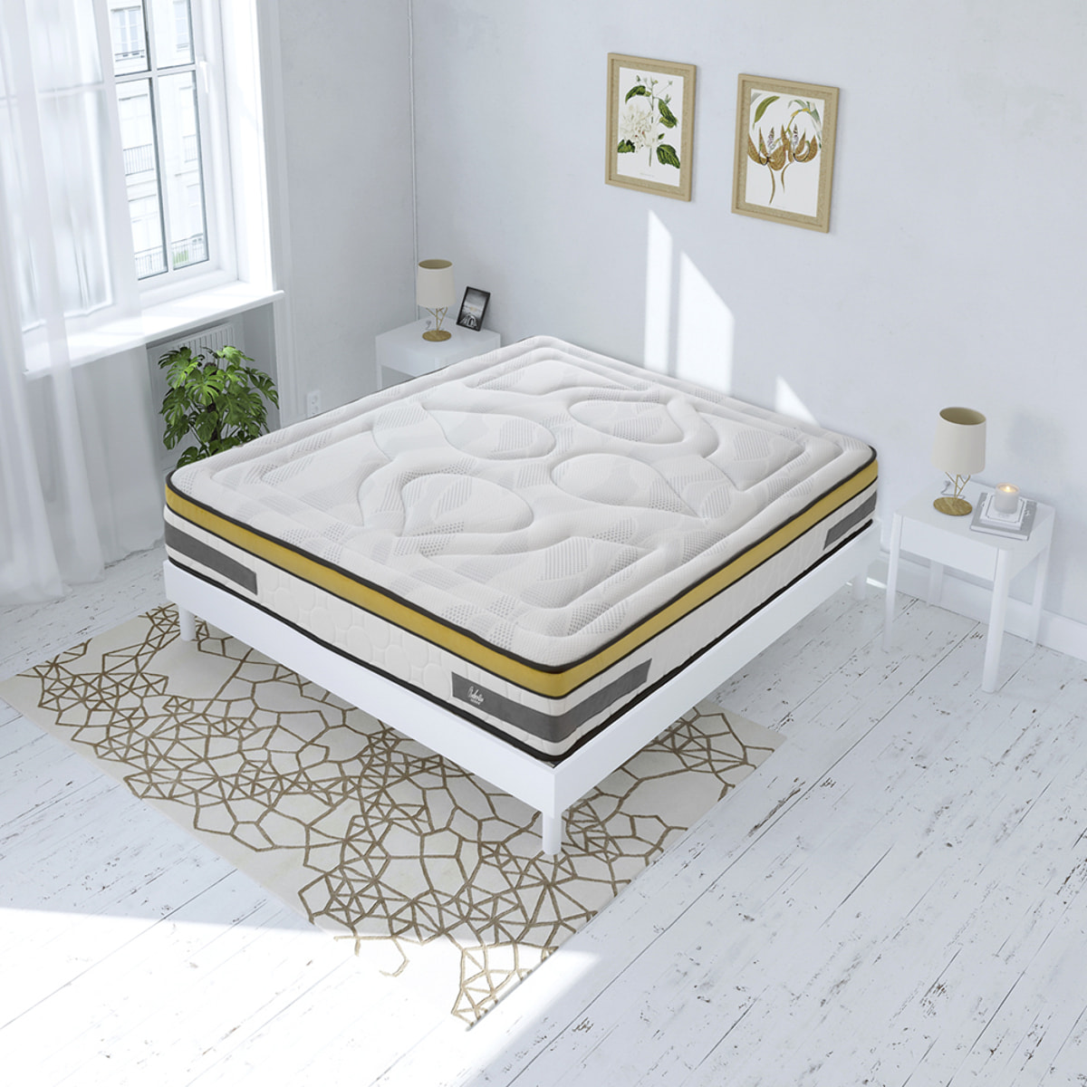 Ensemble Aubertin Ressorts ensachés + mémoire - 24 cm + sommier kit bois blanc - 2 Places