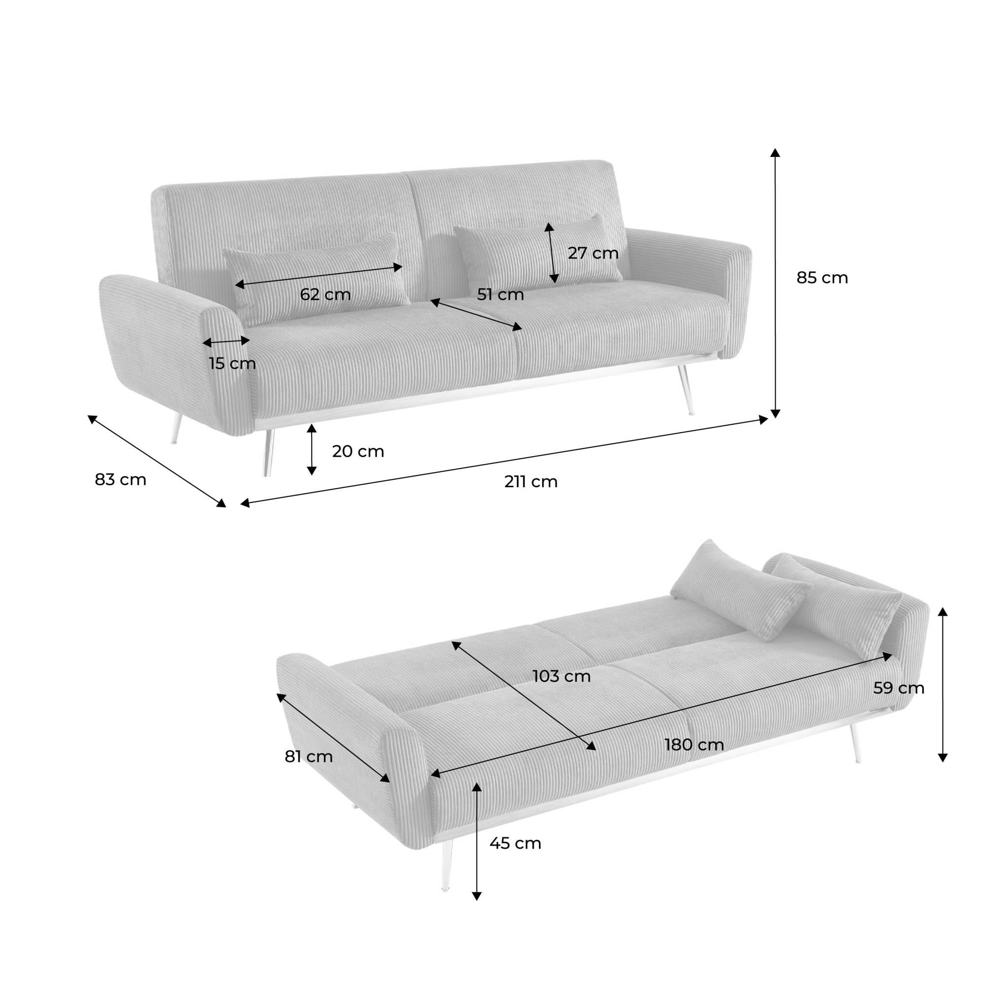Canapé convertible design en velours côtelé blanc - Oskar - 3 places scandinave droit avec pieds métal chromé