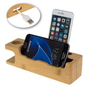 Soporte de madera para 2 smartphones, iWatch y stand multiusos.