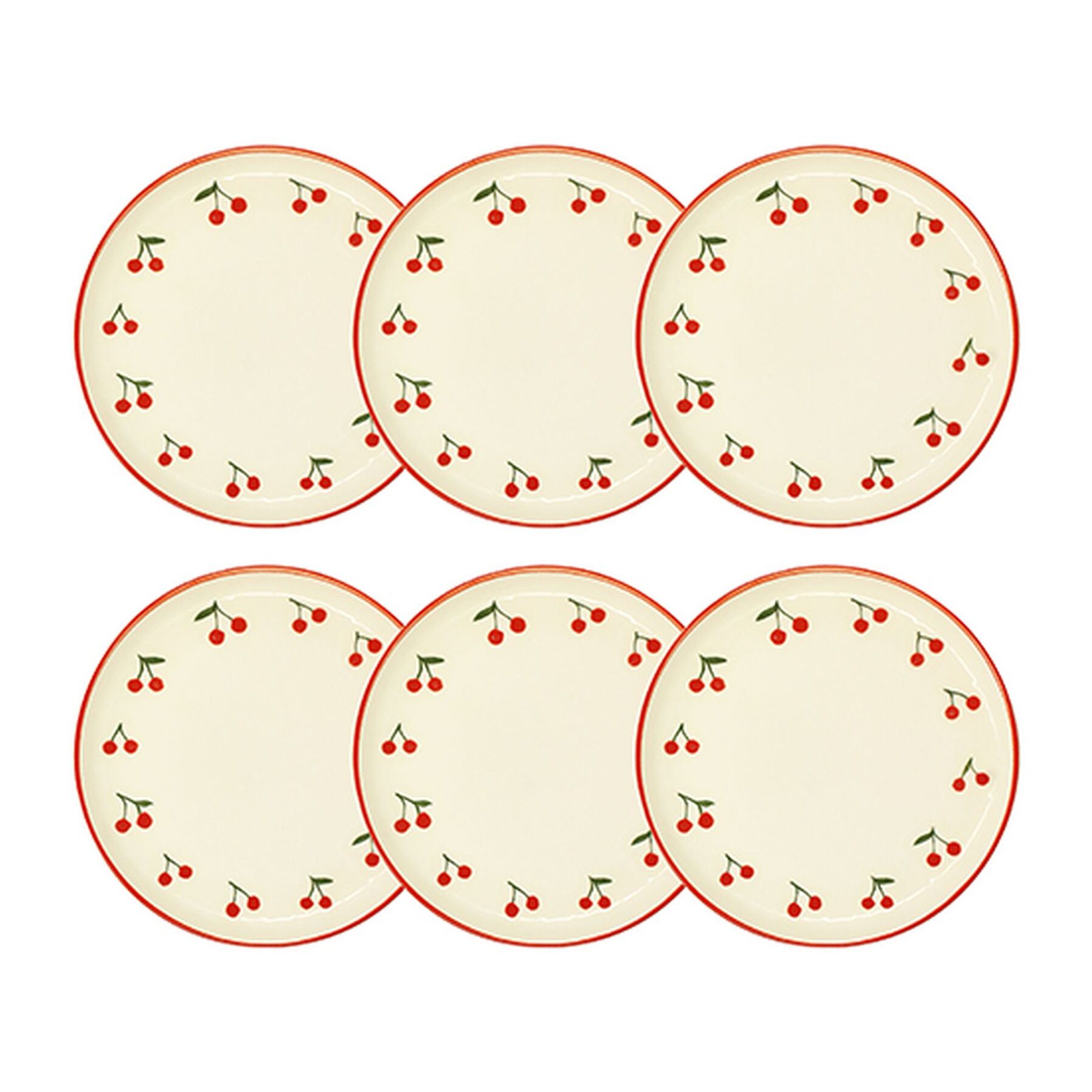 Lot de 6 assiettes à desert 20cm en grès rouge et blanc à motif cerise CERISE