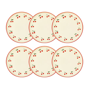 Lot de 6 assiettes à desert 20cm en grès rouge et blanc à motif cerise CERISE