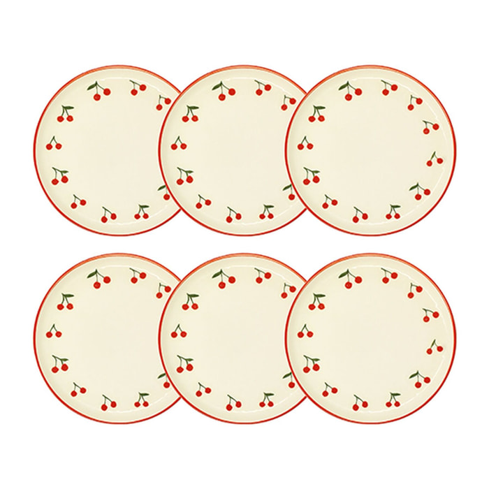 Lot de 6 assiettes à desert 20cm en grès rouge et blanc à motif cerise CERISE