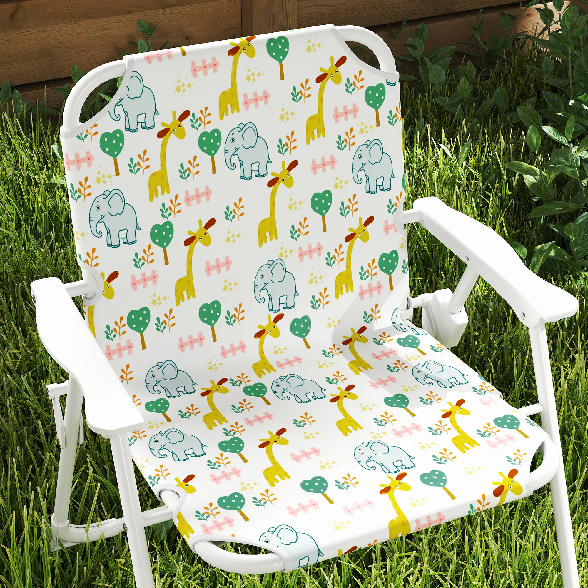 Conjunto de Mesa y Sillas Infantil de Jardín de 4 Piezas, Mesa Infantil con Sillas Plegables, Sombrilla Ajustable, Diseño de Elefantes y Jirafas, para Patio, Pícnic, Blanco