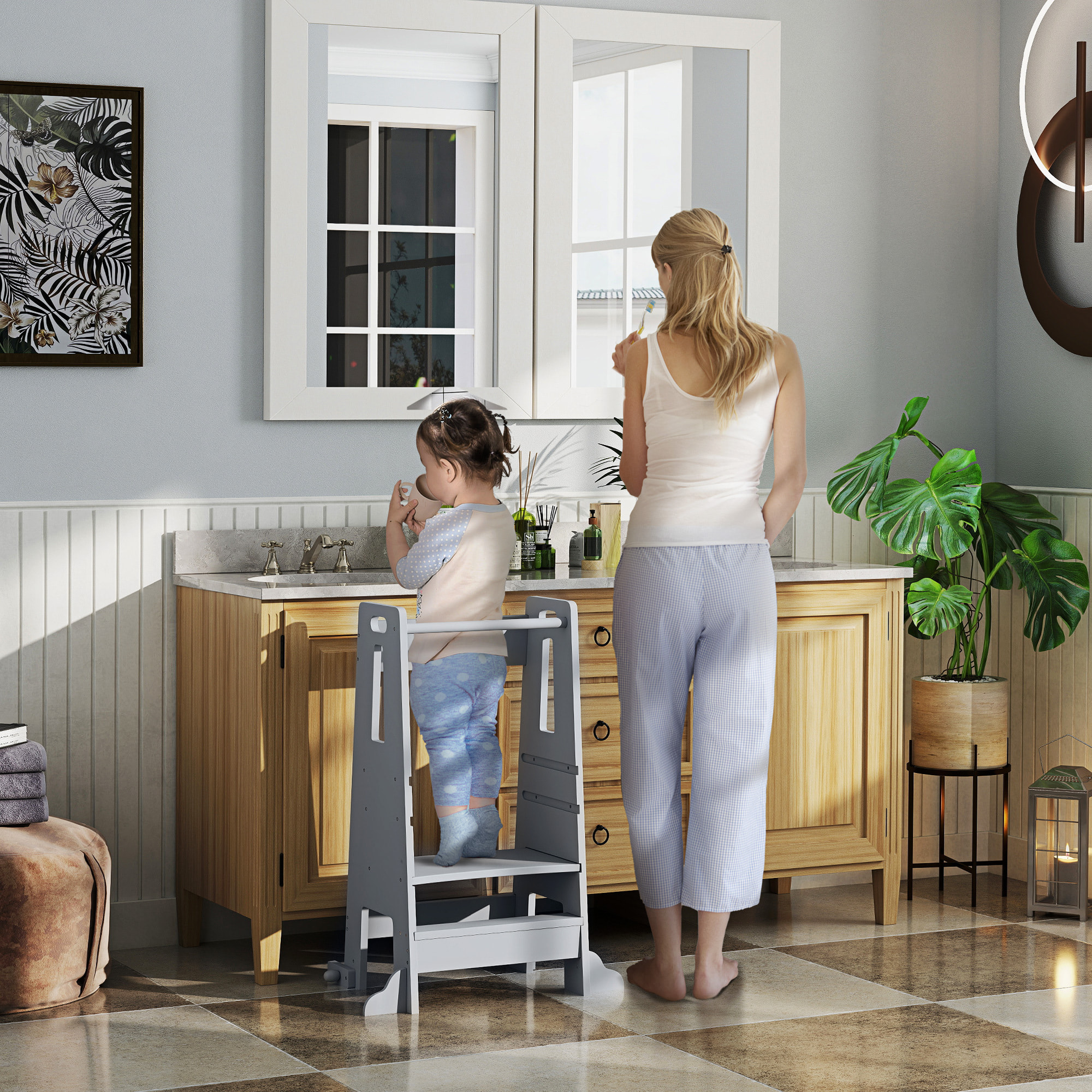 Torre de Aprendizaje Taburete de Aprendizaje para Niños de +3 Años con Pedal Altura Ajustable en 3 Niveles y Barrera de Seguridad para Baño Cocina 45x47,5x91 cm Gris