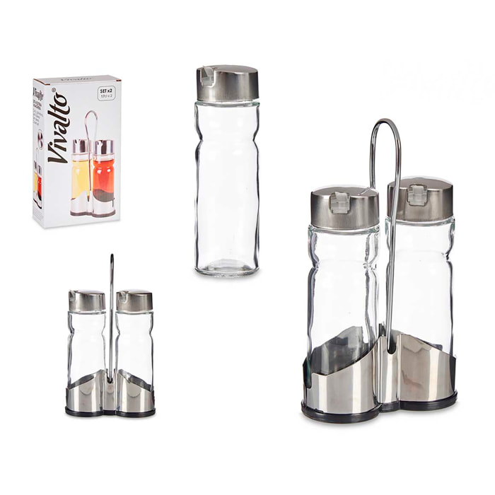 DAM SET CONTENITORE OLIO E CONTENITORE ACETO CON SUPPORTO IN ACCIAIO INOX GR 5,5x11,5x20,2 Cm. Colore trasparente