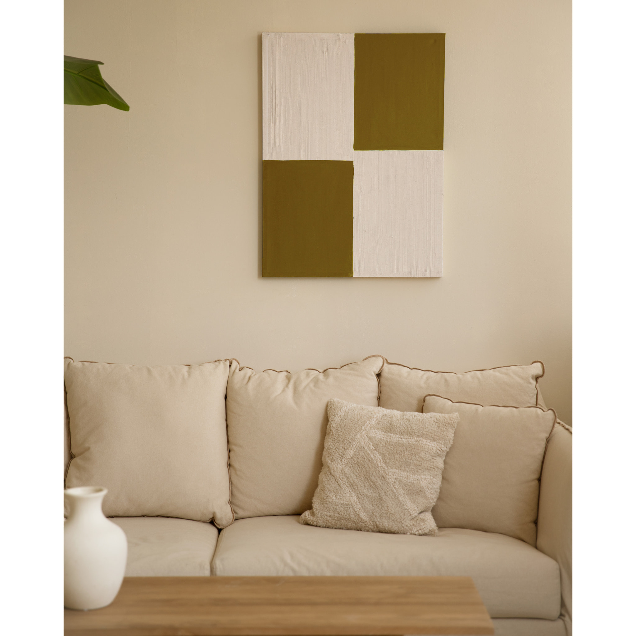 Tableau moutarde et blanc décoratif sur coton avec cadre en bois peint à la main à la peinture l'huile en différentes tailles