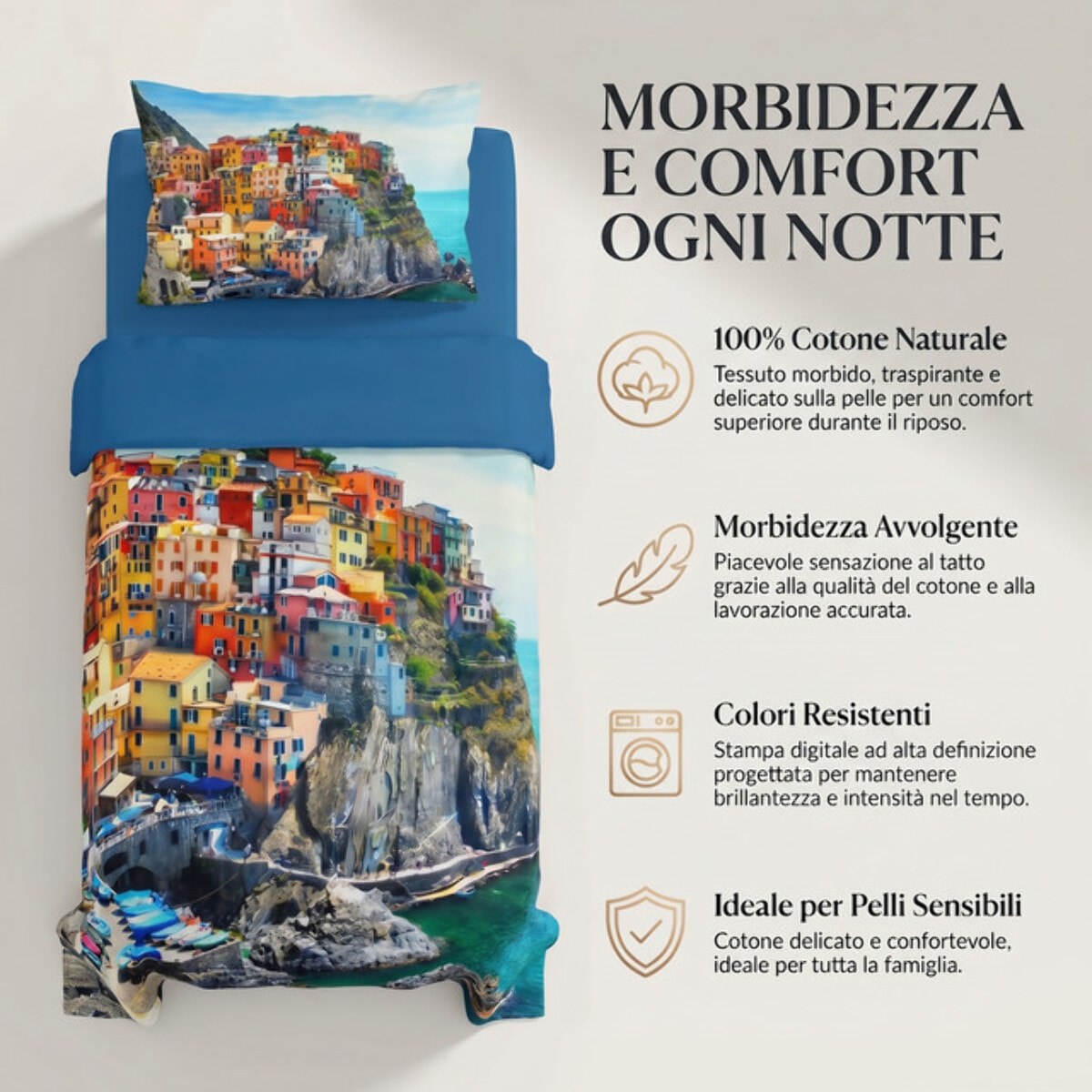 Completo lenzuola una piazza e mezza in cotone con stampa alta qualità, set letto con lenzuolo sopra, sotto con angoli e federa, morbido e traspirante per pelli sensibili, colori brillanti e durevoli, certificato OEKO-TEX, comfort quotidiano