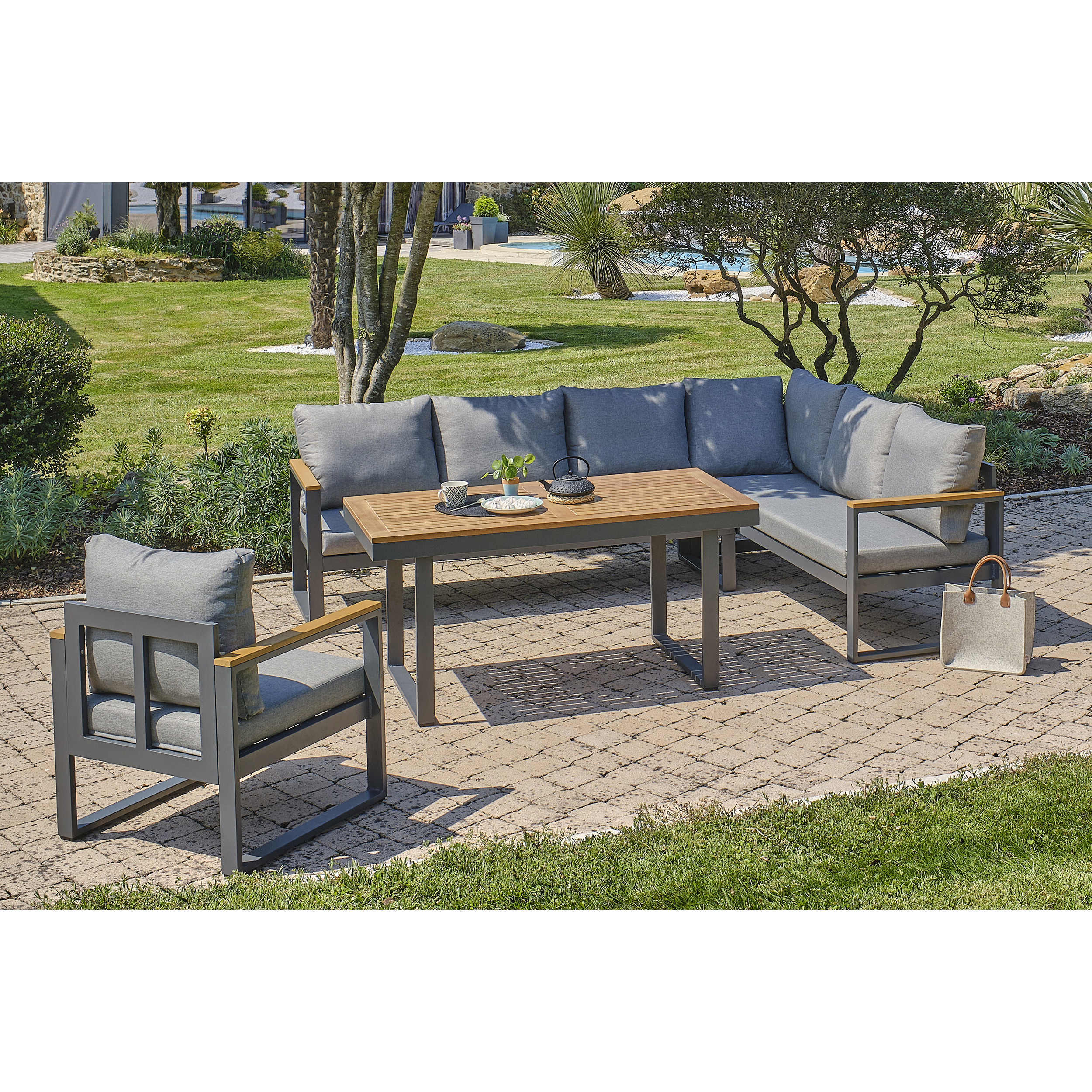 YONAHA - Ensemble repas de jardin 7 places en aluminium gris anthracite