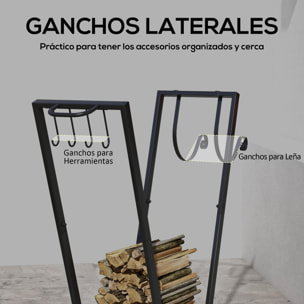 Soporte para Leña Estante de Leña Metálico Leñero de Exterior de Metal con Ruedas y Gancho para Interior y Exterior Carga 50 kg 79x30x81 cm Negro