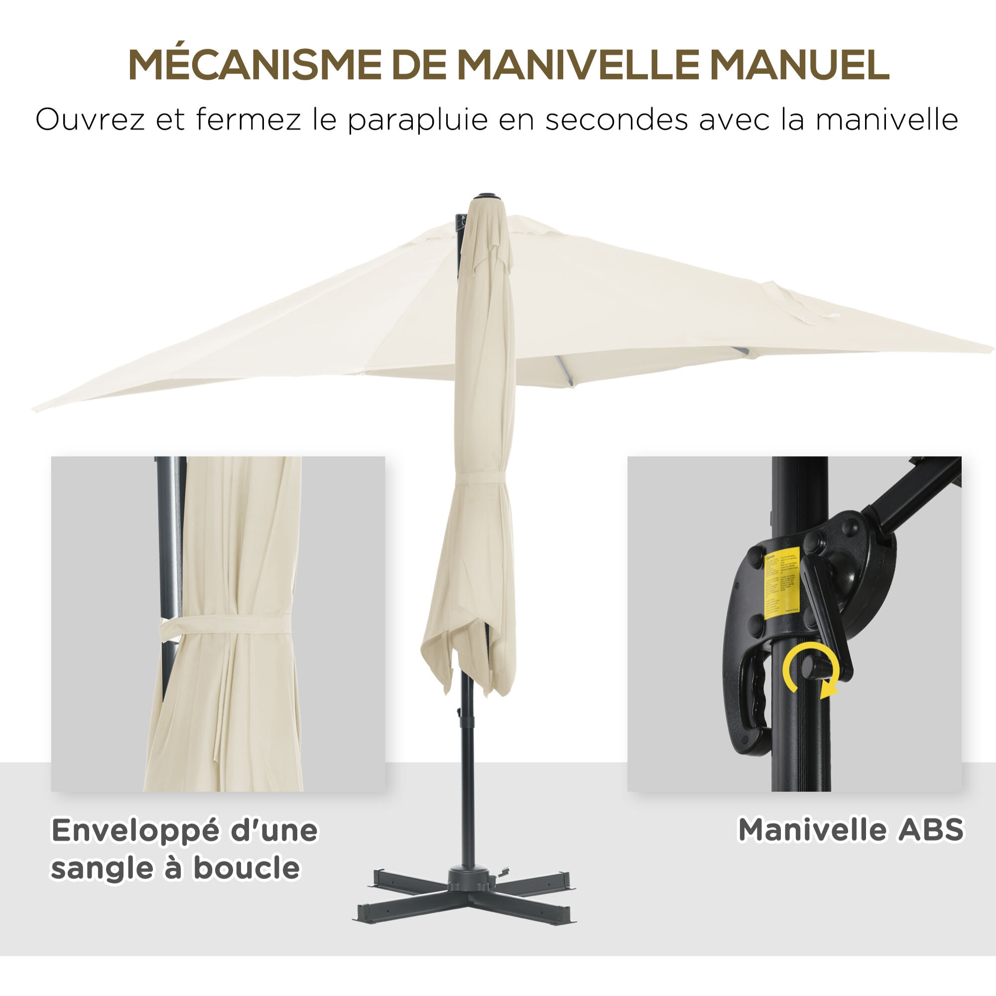 Parasol déporté carré inclinable manivelle avec pied en acier dim. 2,45L x 2,45l x 2,45H m métal alu. polyester haute densité beige