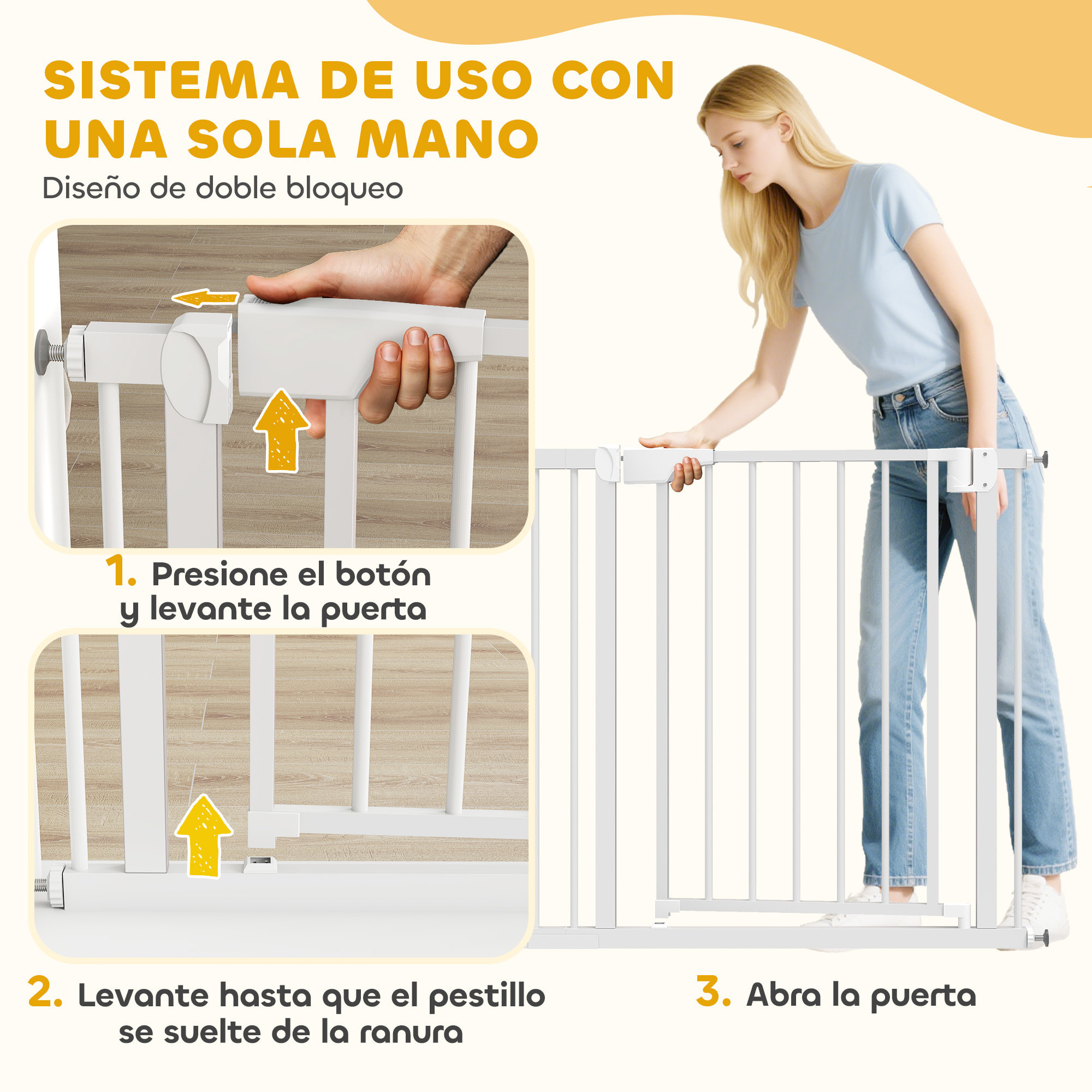 Barrera de Seguridad para Niños y Perros, Extensible 76-89 cm, Puerta para Perros, Bloqueo Doble, Cierre Automático, Apertura Dos Sentidos, Montaje a Presión, Extensión 7 cm, Blanco
