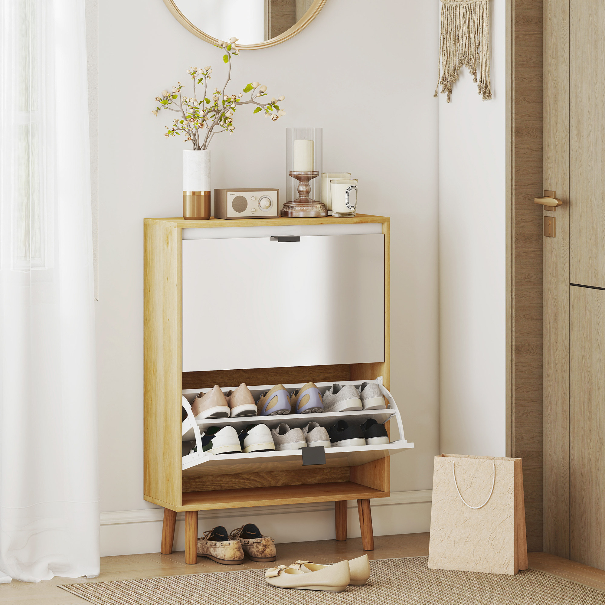 Zapatero Estrecho con 2 Puertas en Blanco Brillo, Zapatero Entrada Recibidor con Estantes Ajustables Patas de Madera, para 12 Pares de Zapatos, 60x24x91 cm Blanco