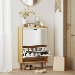 Zapatero Estrecho con 2 Puertas en Blanco Brillo, Zapatero Entrada Recibidor con Estantes Ajustables Patas de Madera, para 12 Pares de Zapatos, 60x24x91 cm Blanco