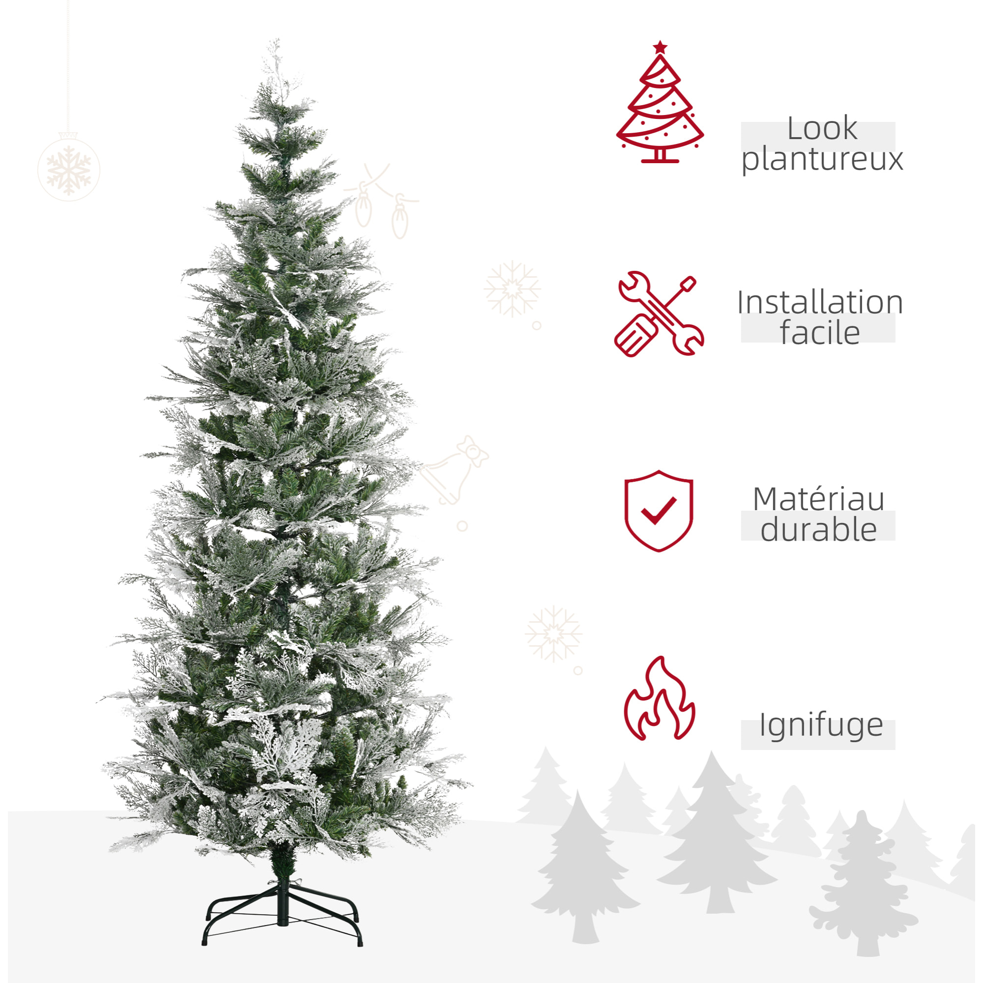 Sapin de Noël artificiel aspect enneigé Ø 80 x 225H cm pied support inclus 880 branches épines grand réalisme