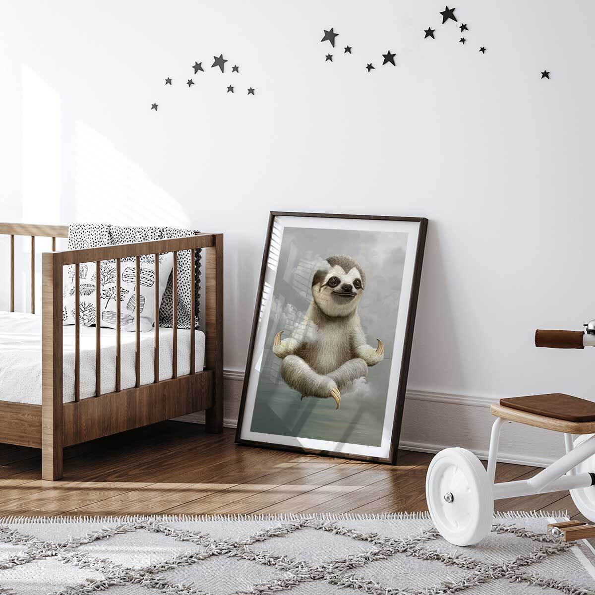 Affiche enfant paresseux méditant  Affiche sous cadre noir