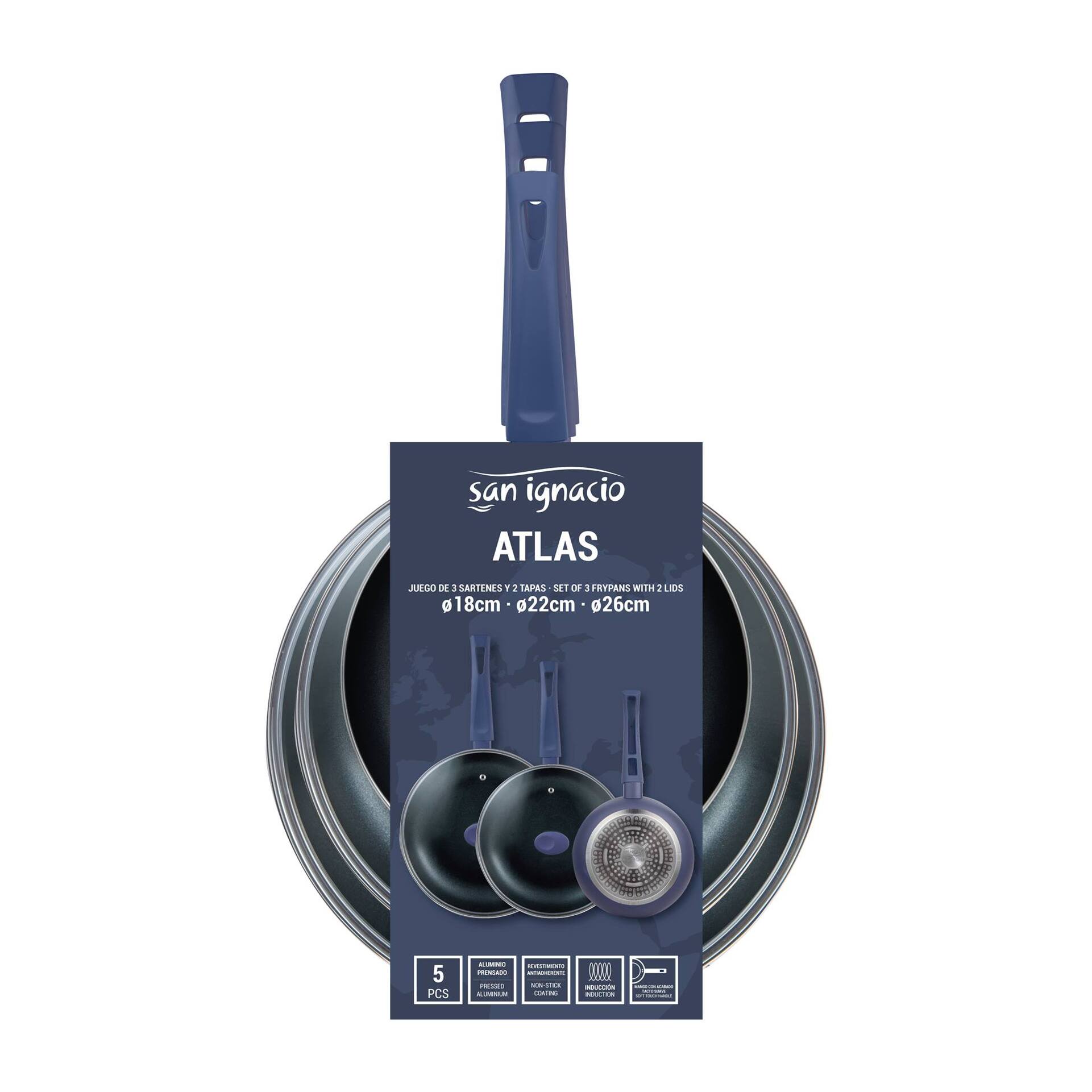 Juego de 3 sartenes ø18ø22ø26cm en aluminio prensado + 2 tapas de vidrio san ignacio.
