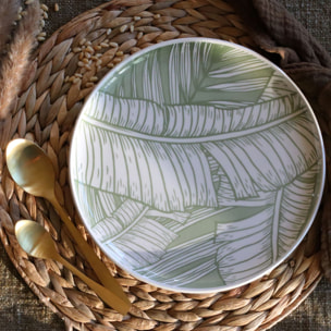 Lot de 6 assiettes plates 26cm en grès à motif vert LEAVES