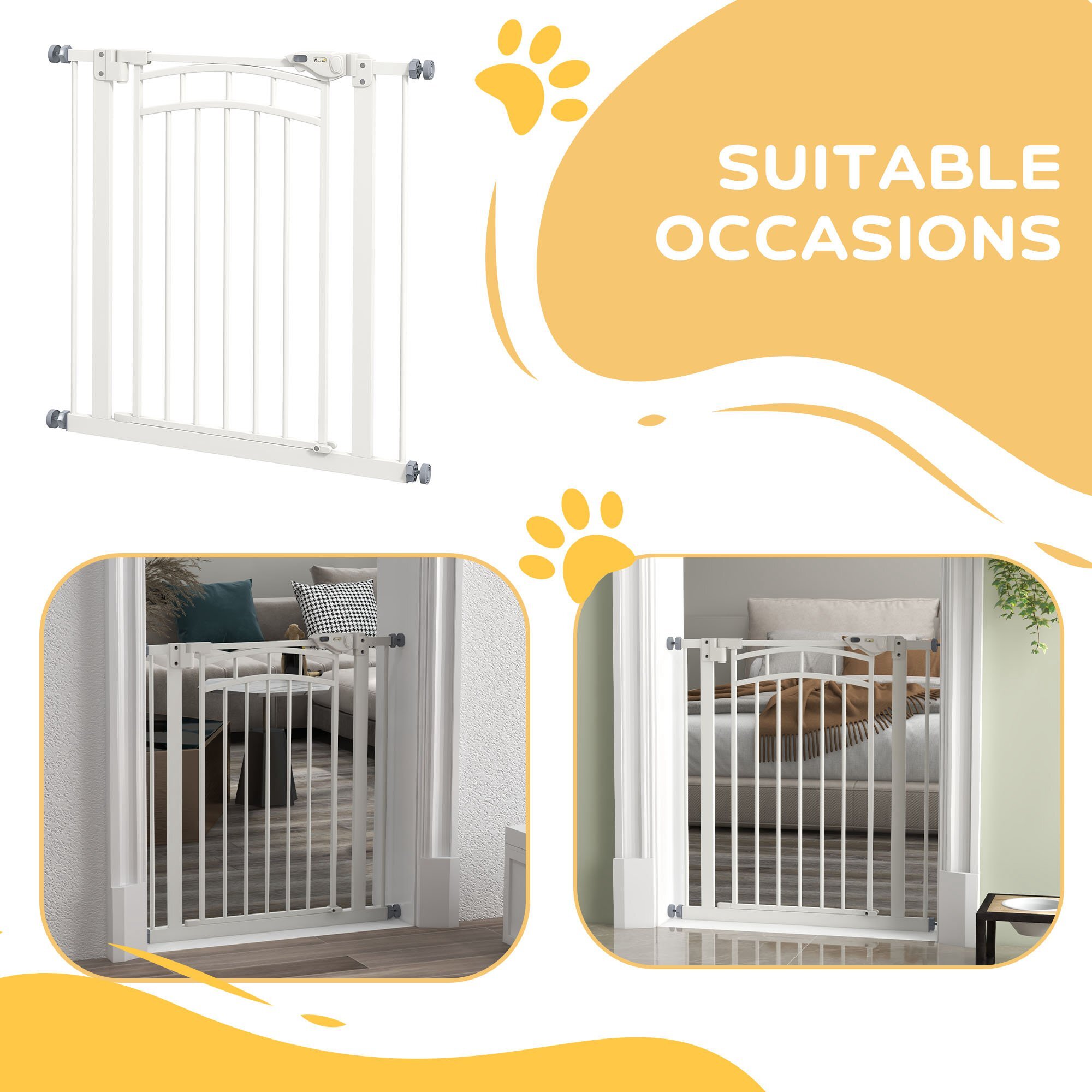 Barrière de sécurité pour chien extensible 74-80 cm, double verrouillage, fermeture automatique, barrière d'escalier à fixation par pression sans percer, hauteur 76 cm, blanc