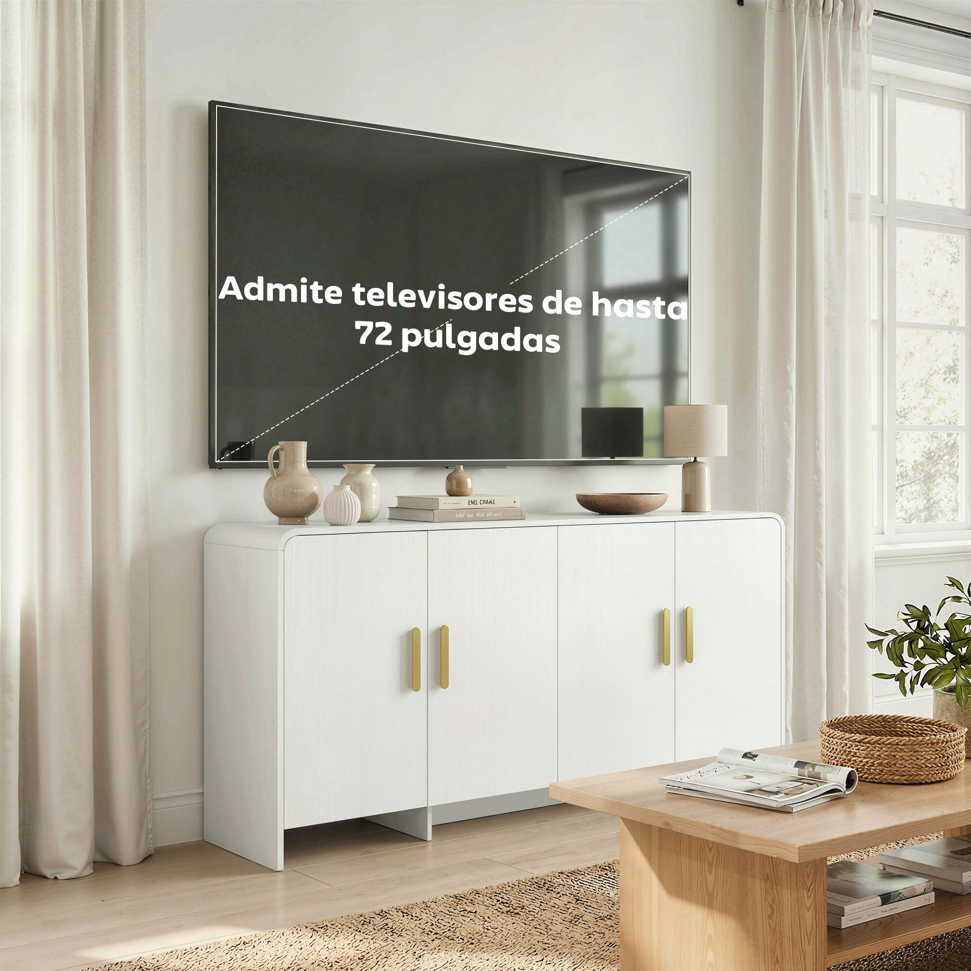Aparador de Cocina, Armario de Cocina con 4 Estantes, 4 Puertas de Cierre Suave, Bordes Redondeados, Aparador para Comedor, Mueble para TV de 72 Pulgadas, 152x40x80 cm, Blanco
