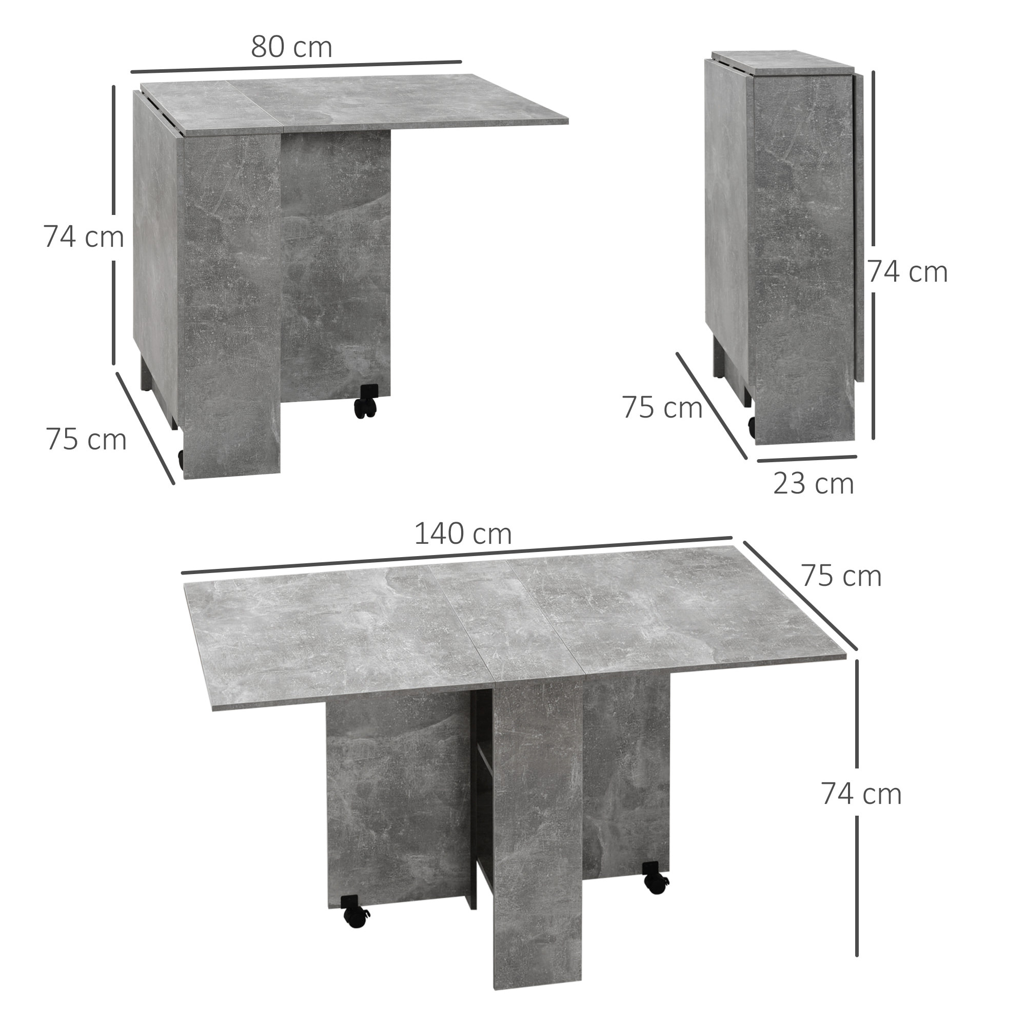 Mesa Plegable de Comedor Mesa de Cocina Plegable con Ruedas Alas Abatibles y Estantes Mesa Plegable para 4-6 Personas 75x140x74 cm Gris Cemento