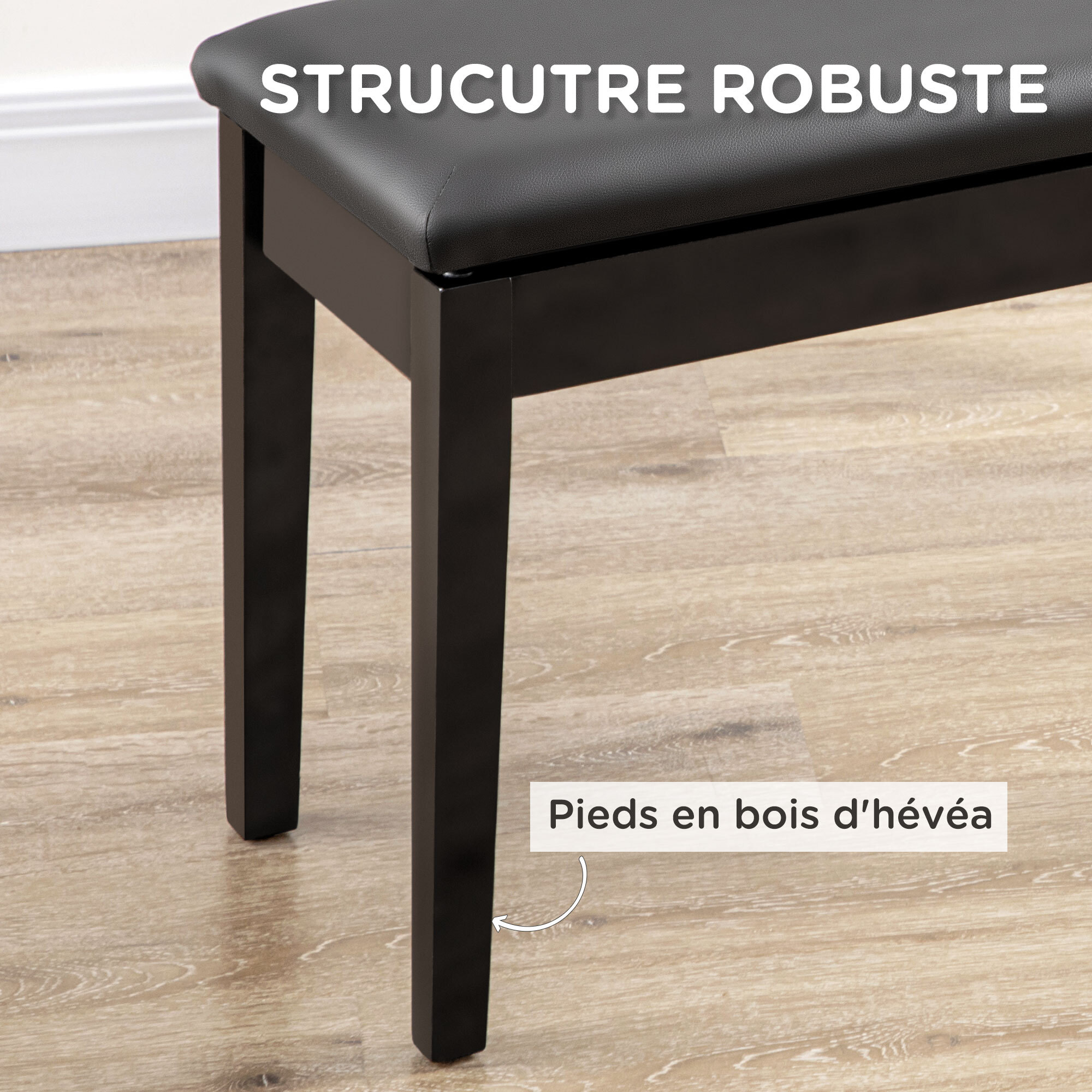 Banquette tabouret siège pour piano avec coffre de rangement pied bois hévéa revêtement synthétique noir