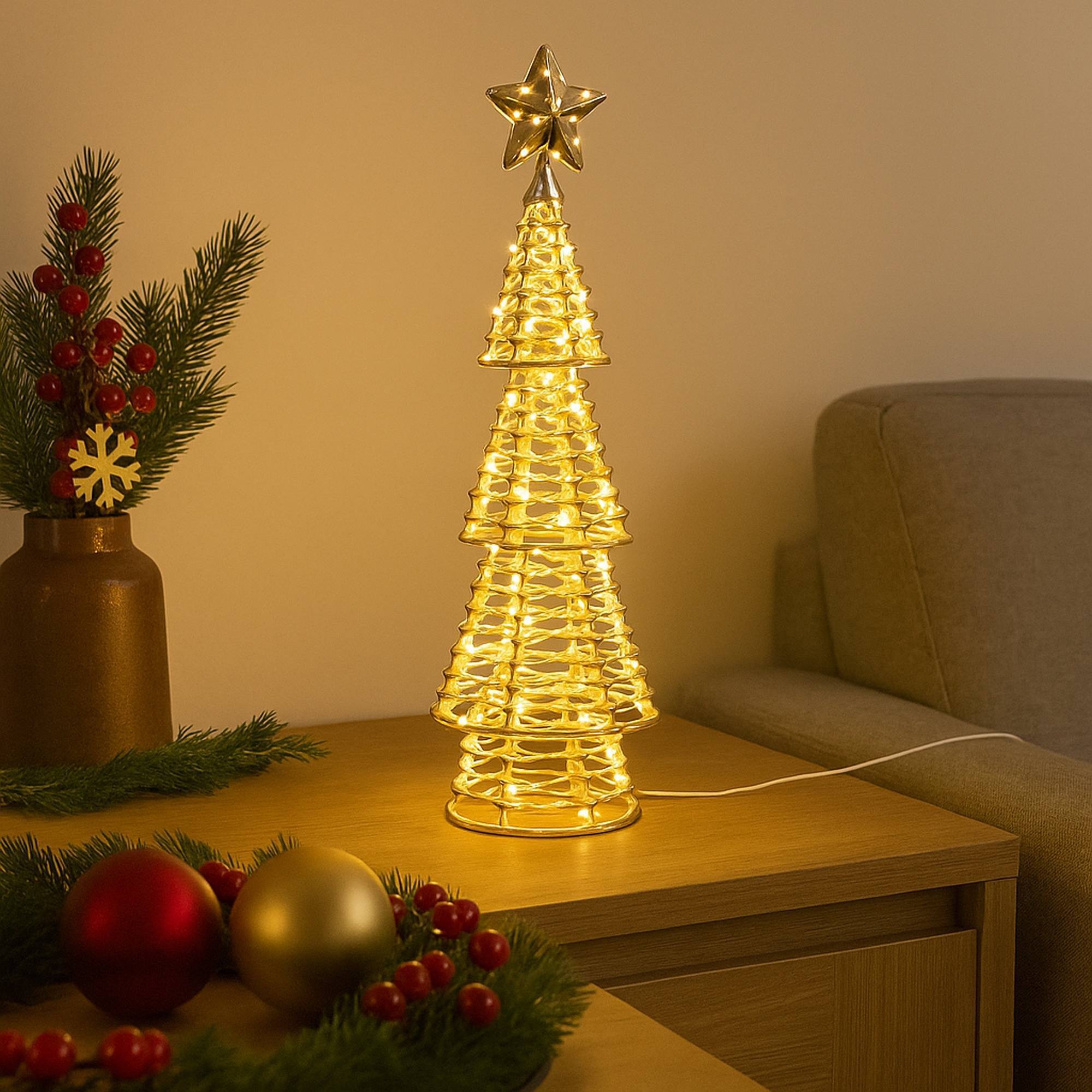 árbol de navidad con 200 micro luces led en blanco cálido diseño retorcido 21x21x68cm