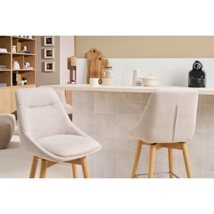 Tabourets de bar scandinaves pivotants 360° en tissu effet velours texturé beige et bois clair H65 cm (lot de 2) ALESS
