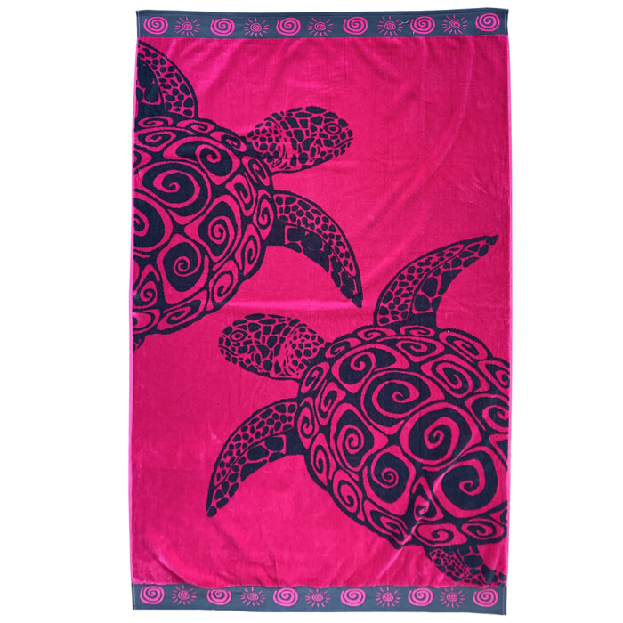 Serviette de plage éponge velours Jacquard - Fuchsia Turtle - 100x175cm - 470g/m²