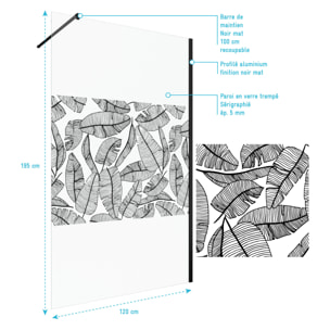 Paroi de Douche 120x195cm Serigraphie Type Jungle - Verre 5mm - Bras de Fixation Redecoupable