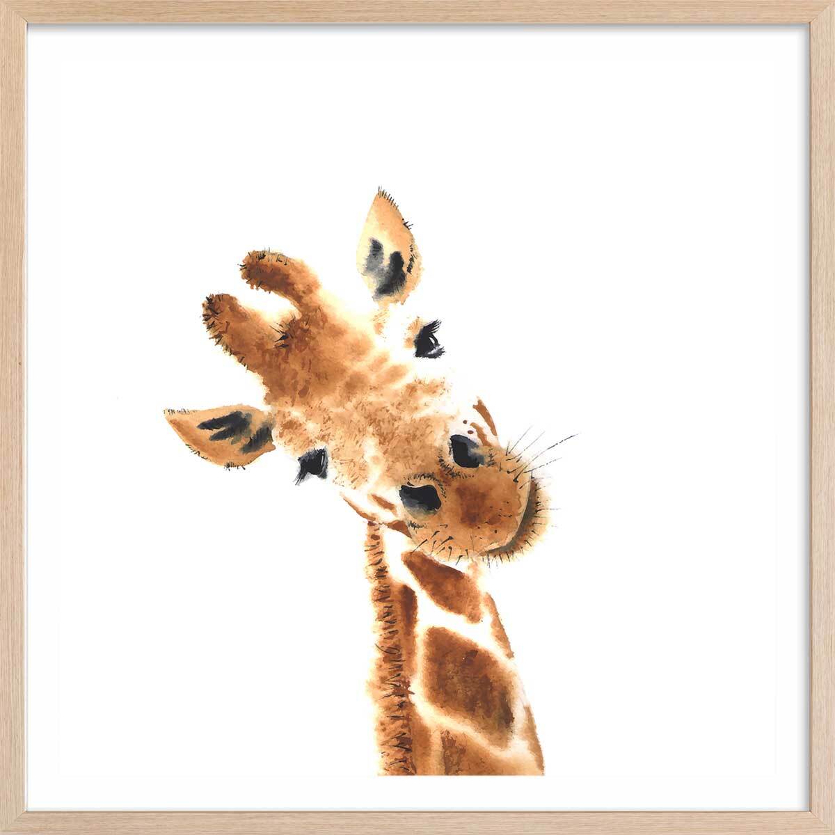 Poster dessin charmante girafe Affiche + cadre en bois - Chêne