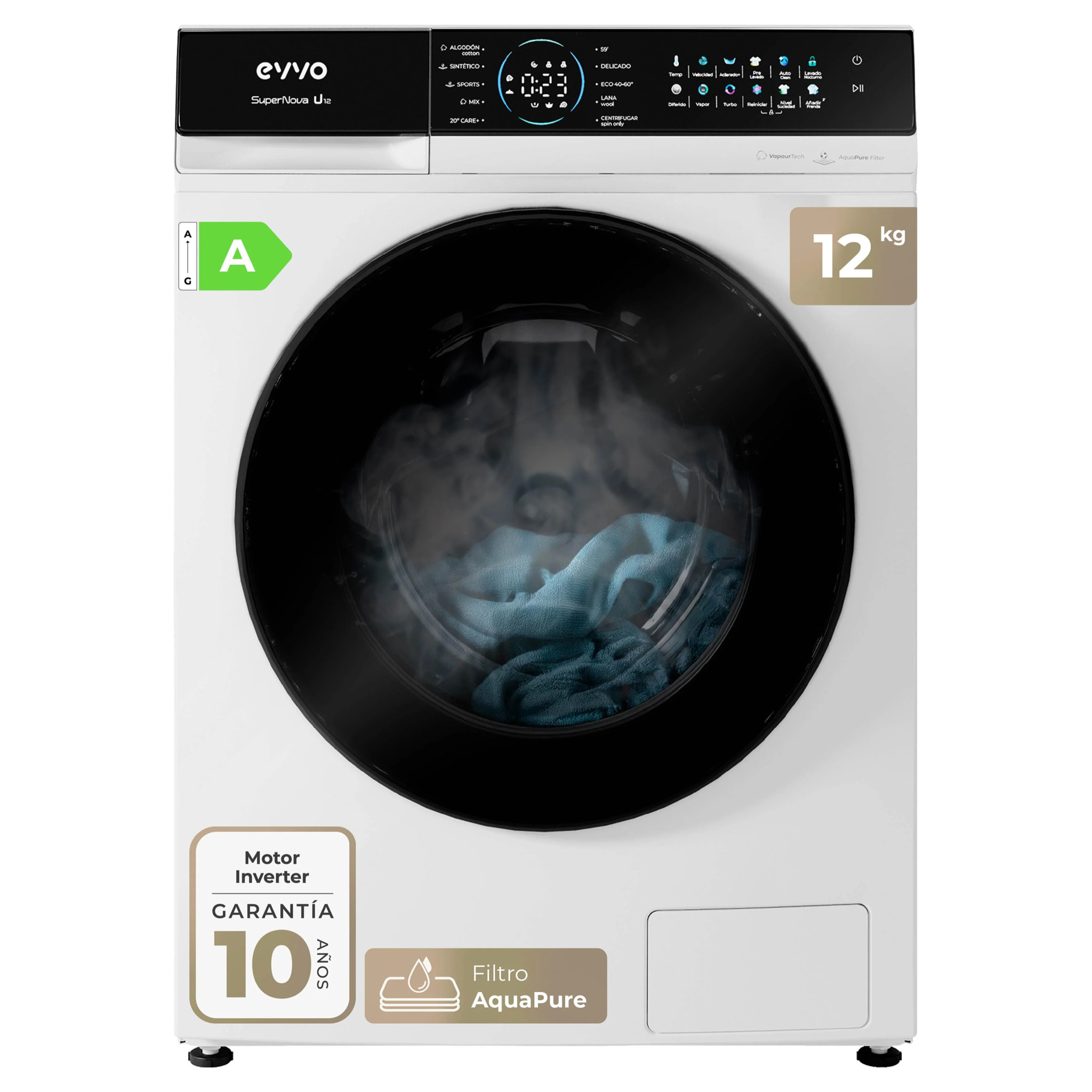 EVVO Lavadora 12 kg Supernova U12, 1350 rpm, Clase A, Motor Inverter, 14 programas, Vapor Steam Wash, Smart LOAD, lavado rápido, blanco