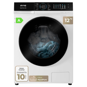 EVVO Lavadora 12 kg Supernova U12, 1350 rpm, Clase A, Motor Inverter, 14 programas, Vapor Steam Wash, Smart LOAD, lavado rápido, blanco