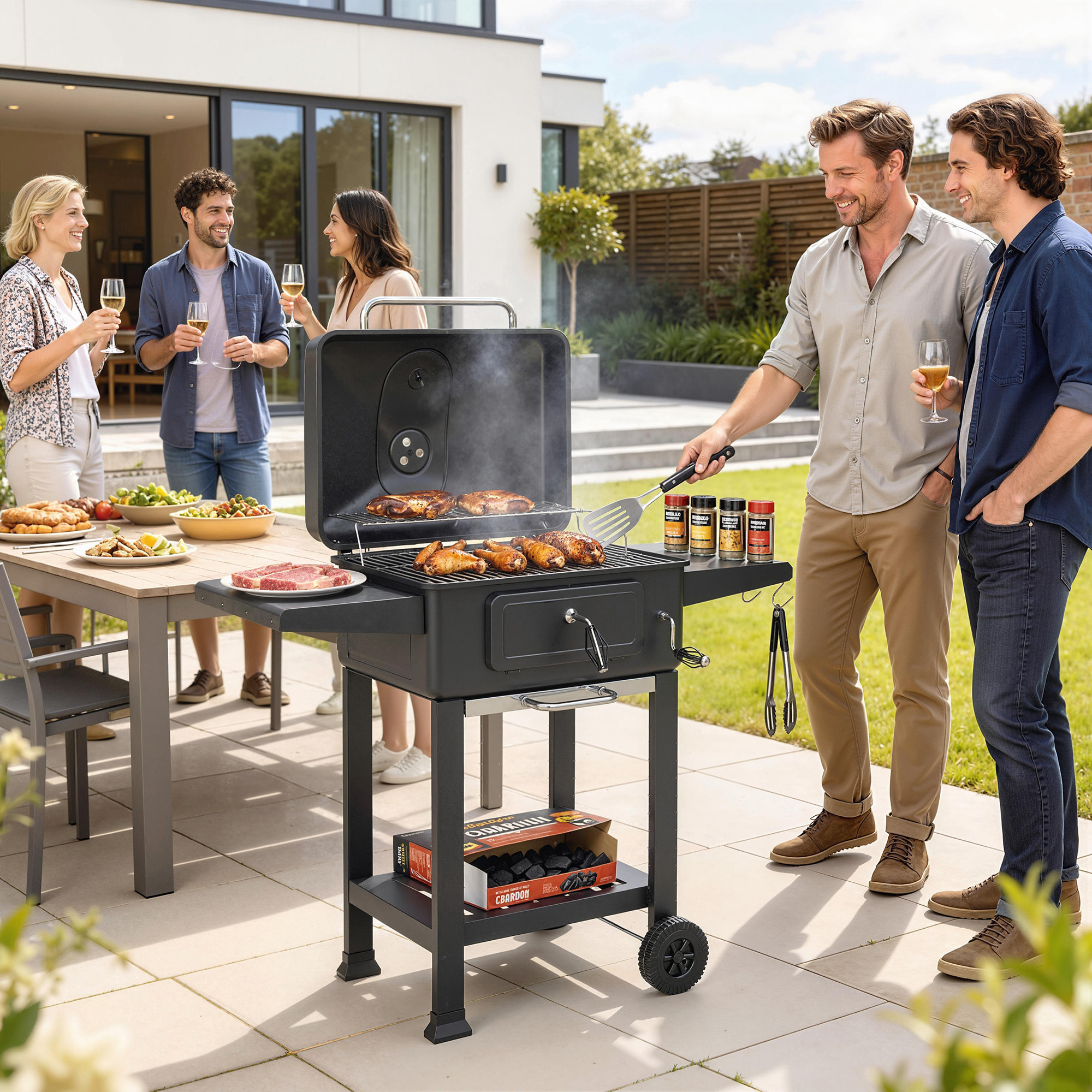 Barbacoa de Carbón Portátil, Barbacoa de Carbón Móvil con Bandeja y Ventilación Ajustable, Estantes Laterales, Termómetro, Tapa, Cajón de Cenizas, Ruedas, Puerta Frontal, Asa, Negro