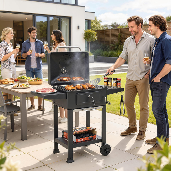 Barbacoa de Carbón Portátil, Barbacoa de Carbón Móvil con Bandeja y Ventilación Ajustable, Estantes Laterales, Termómetro, Tapa, Cajón de Cenizas, Ruedas, Puerta Frontal, Asa, Negro