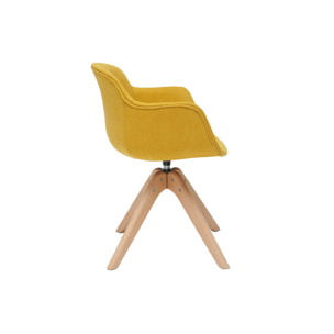 Chaise design en tissu effet velours jaune moutarde et bois clair massif AARON