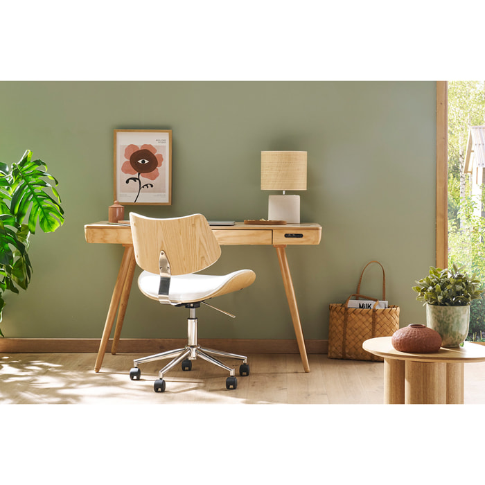 Chaise de bureau à roulettes design blanc, bois clair chêne et métal MALMO