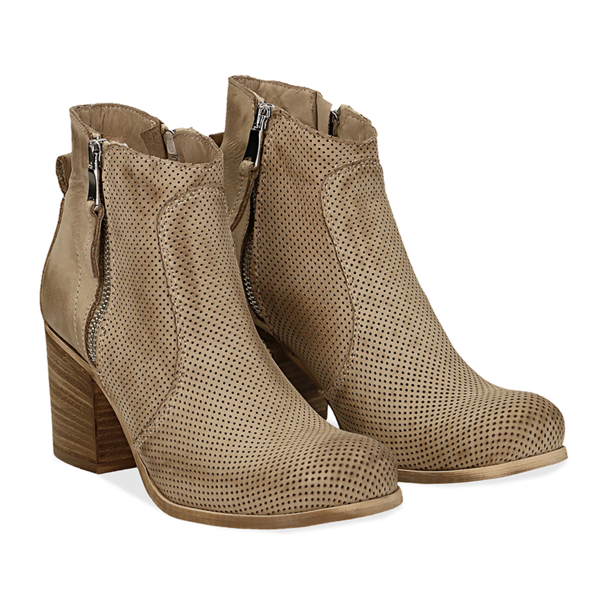 Ankle boots beige in nabuk con punta arrotondata, tacco 7 cm