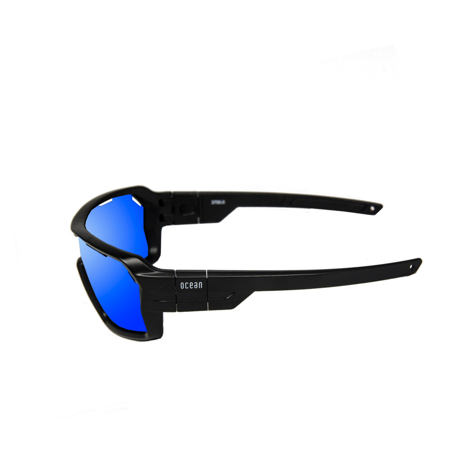 Gafas de deportes acuáticos OCEAN CHAMELEON - Negro brillante / Revo azul con plaqueta nasal y puntas y espuma azul con correa azul