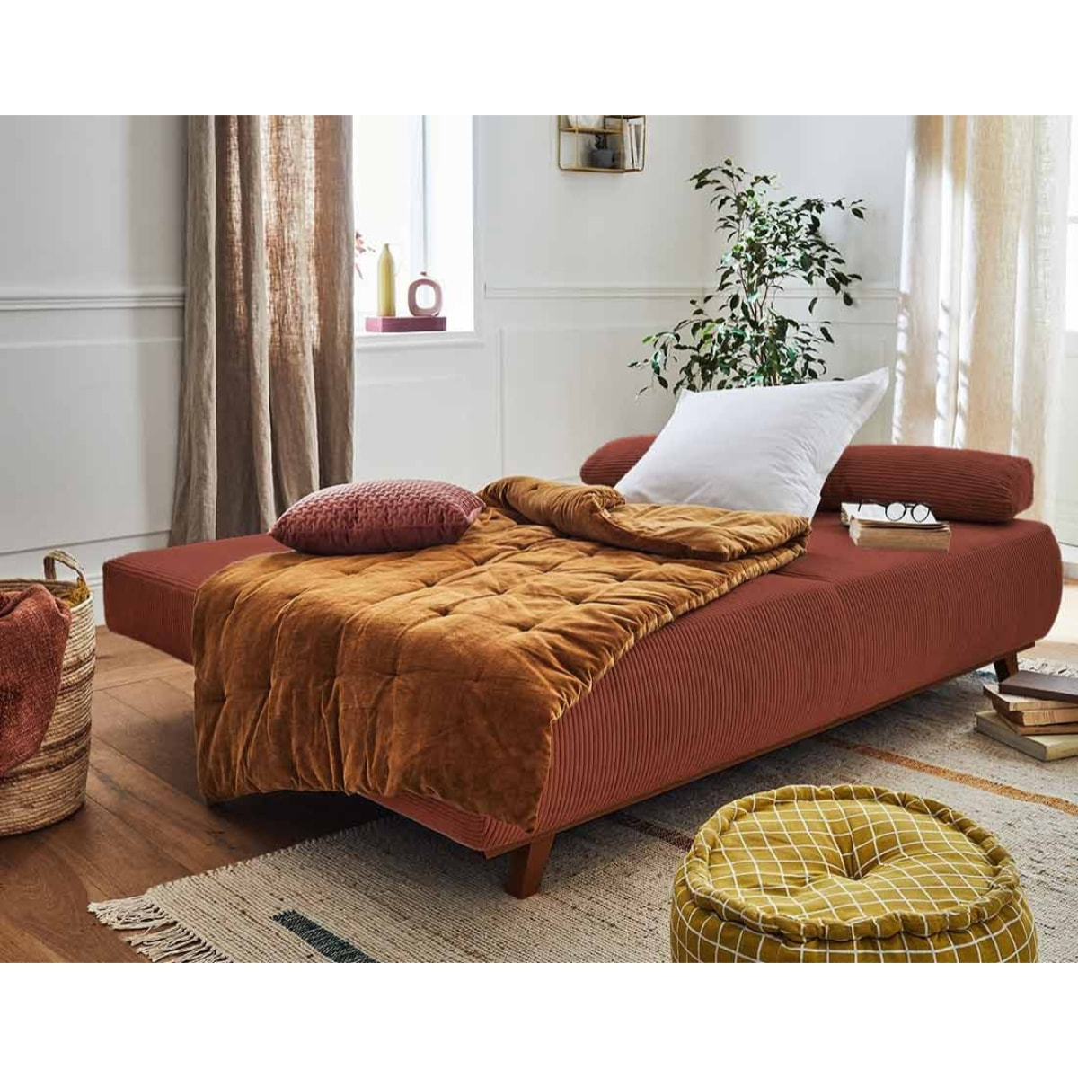 Cristal - canapé 3 places - convertible avec coffre - en velours côtelé - Terracotta