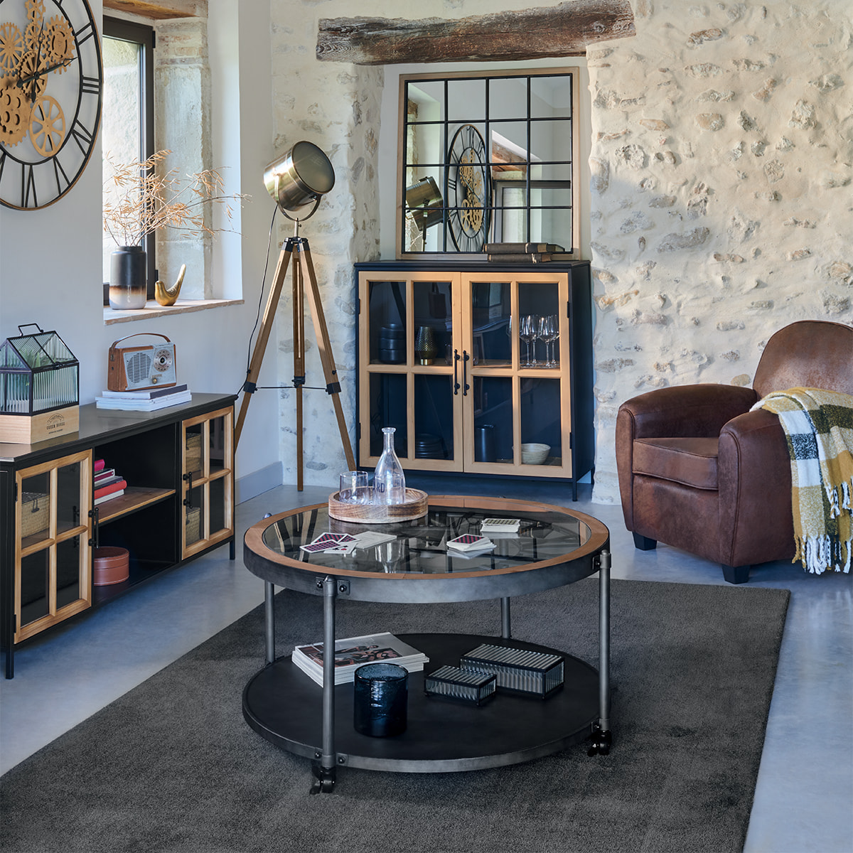 Table basse "Chrono" - métal & bois D90 cm